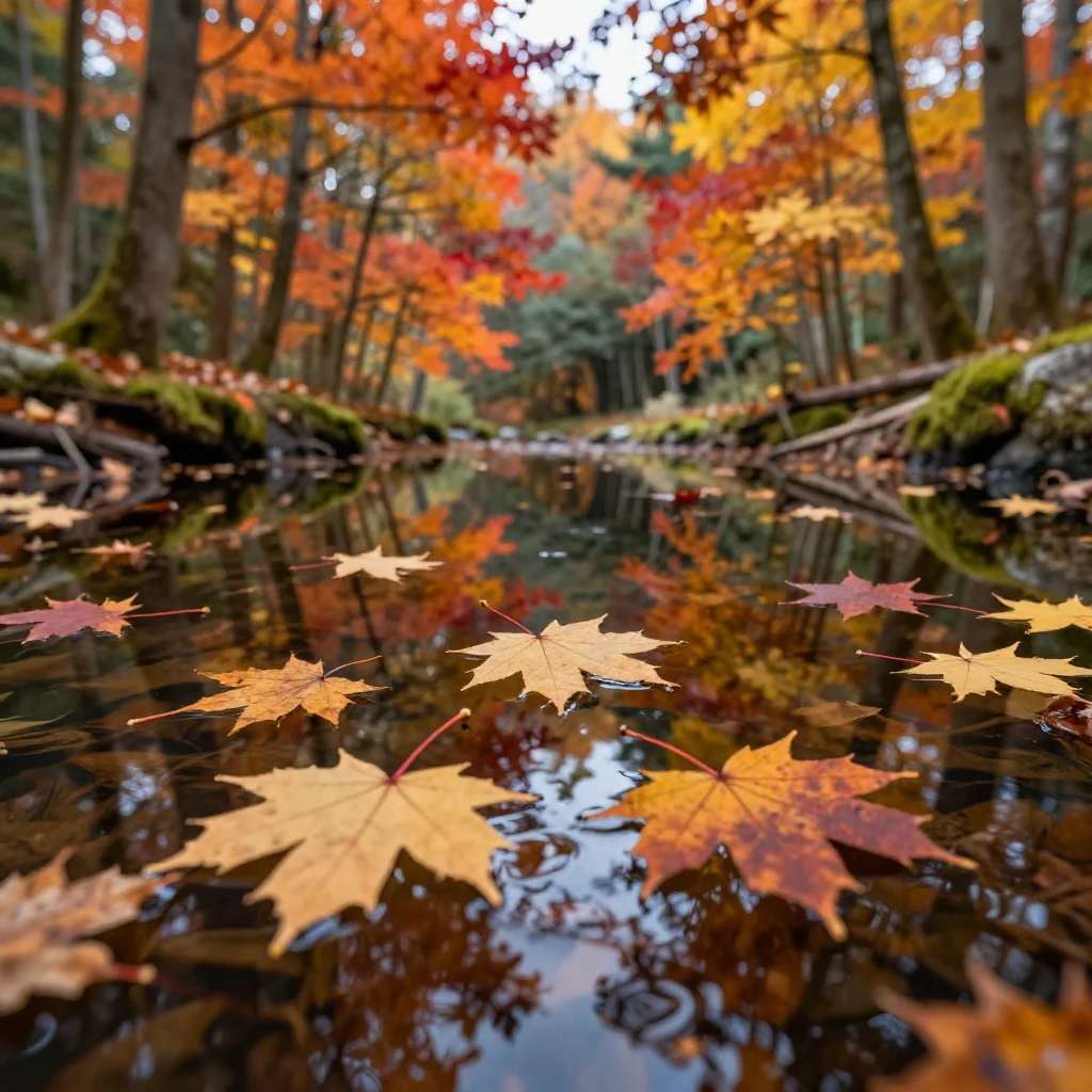 Autumn maple leaves floating on a still forest pond