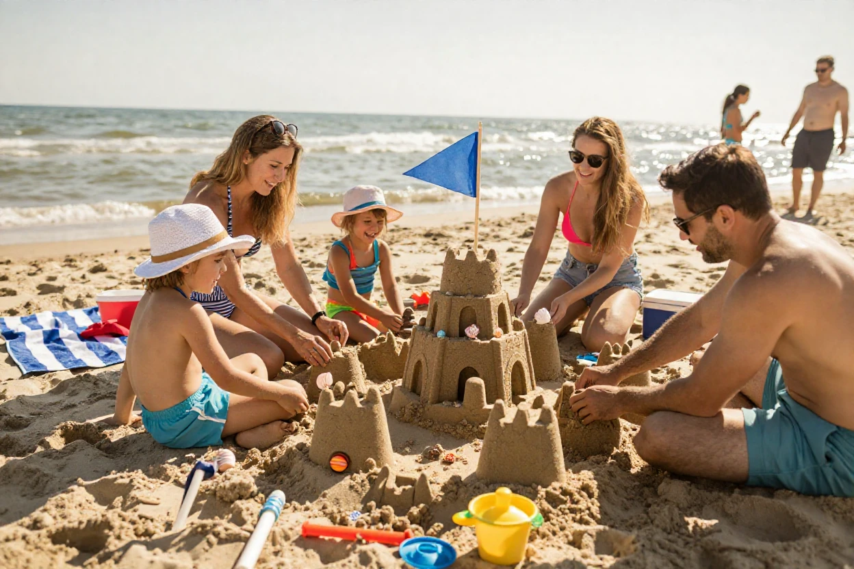 A family builds an elaborate sandcastle fortress on a summer beach vacation.