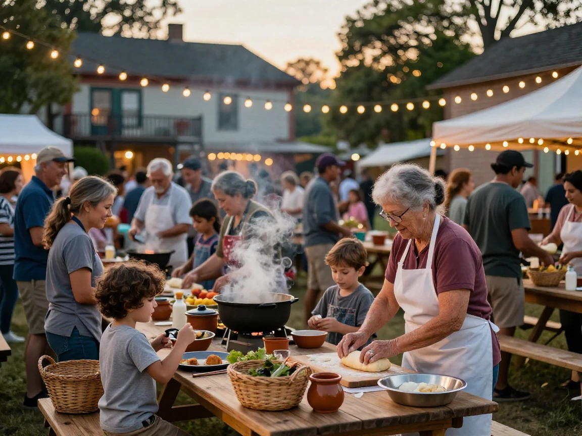 A crowd of townsfolk preparing traditional dishes for a big celebration beneath strings of colorful festival lights