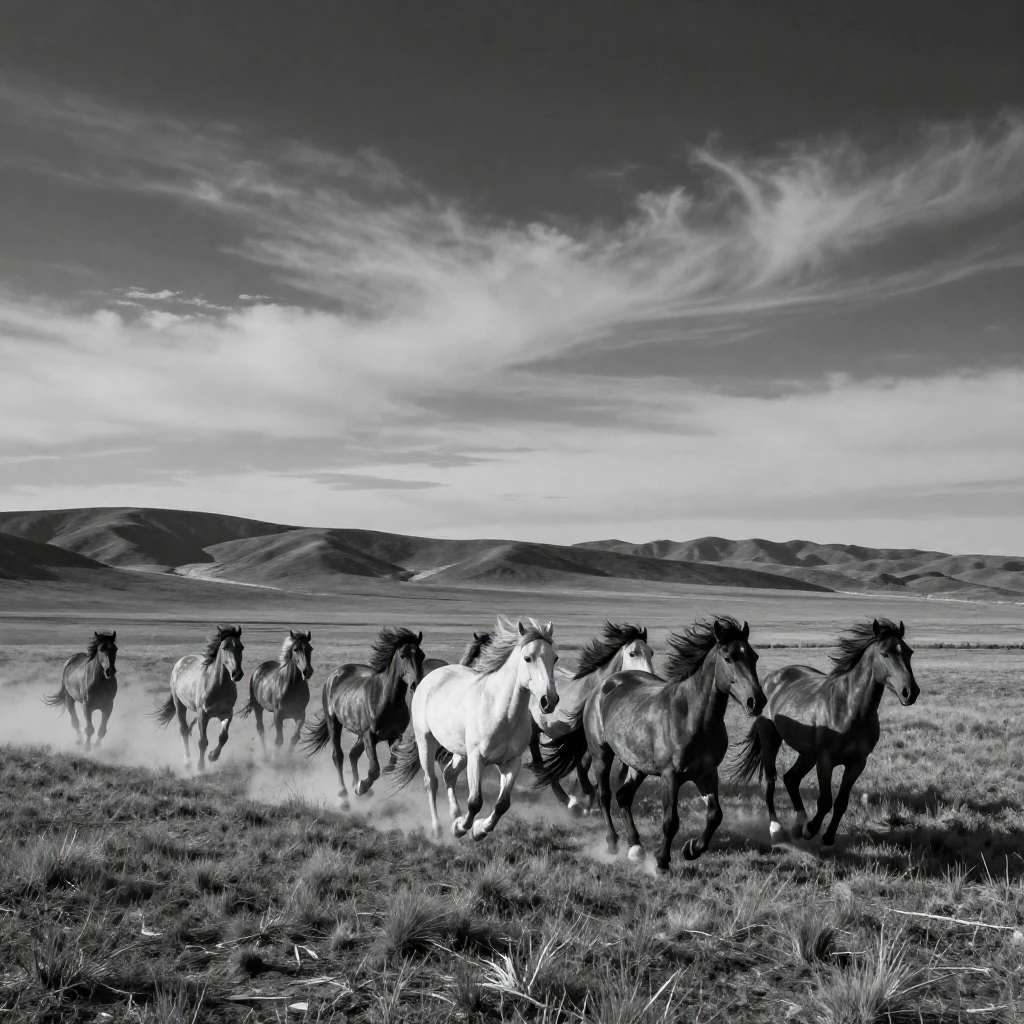 A herd of wild horses gallops freely across an open plain across a remote windswept plateau.