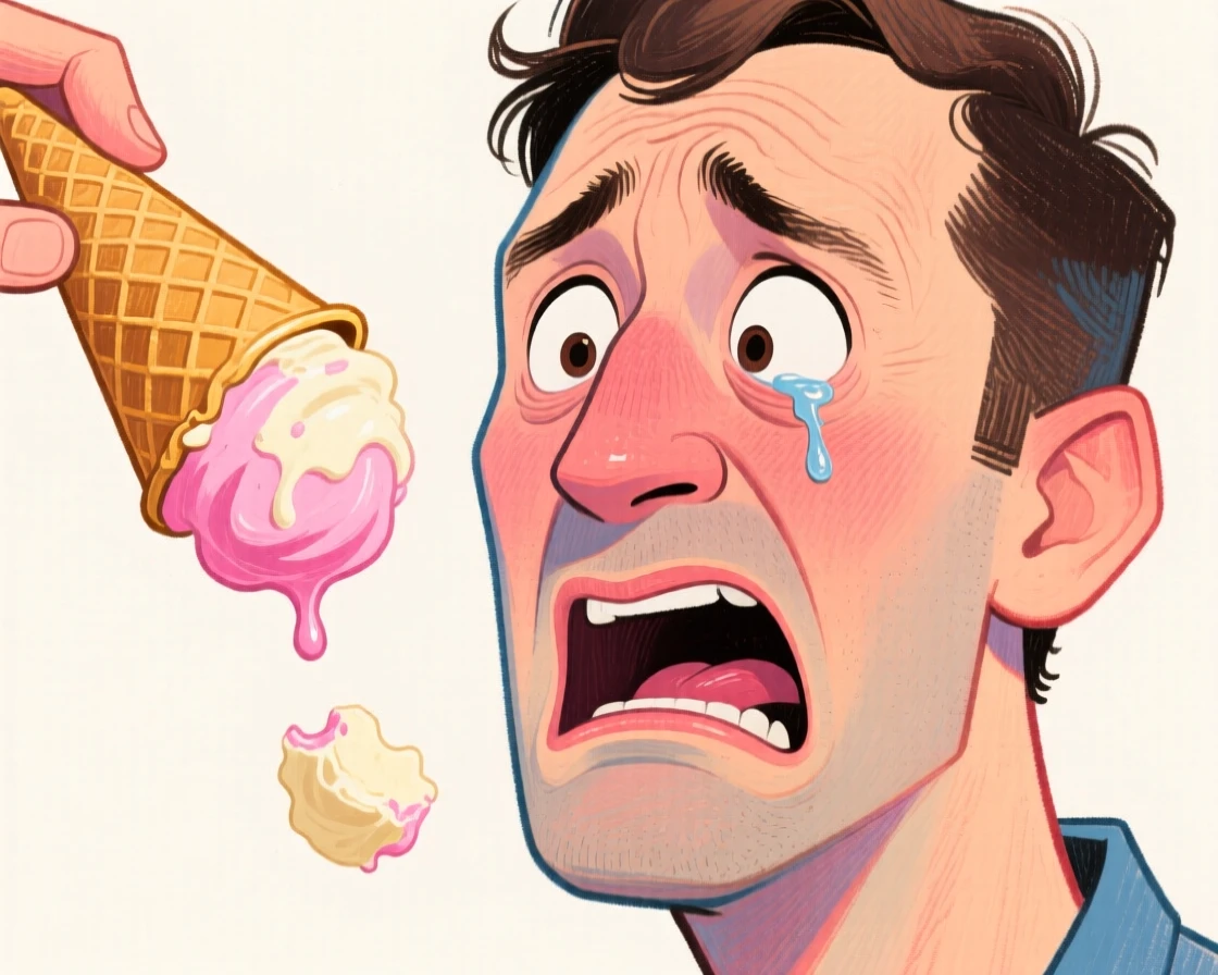 A man's expression of pure betrayal after his ice cream scoop falls off the cone.