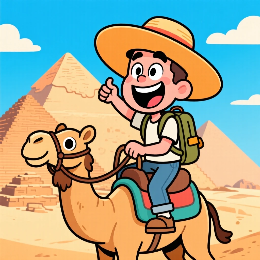 An iconic travel scene featuring a traveler riding a camel past the pyramids of Giza, oversized sun hat shading his grin.
