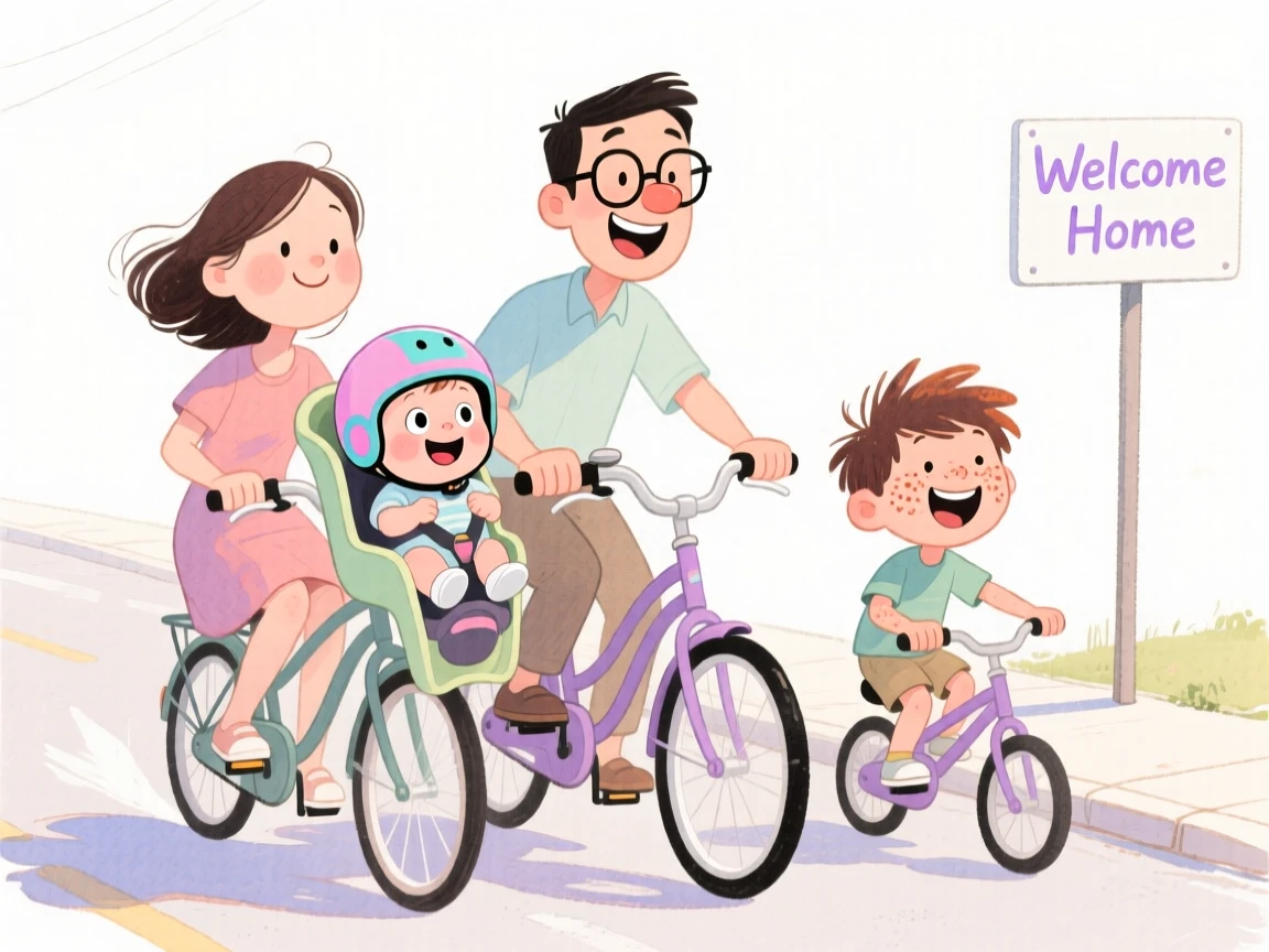A family with a new baby riding bikes together along a quiet neighborhood street