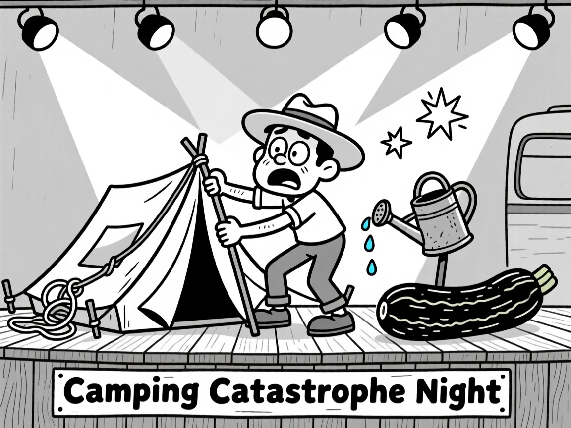 A camper struggling to pitch a collapsing tent, clinging on with one hand and a wide-eyed grimace, set on a small stage under colorful lights. A watering can drips beside oversized zucchini. It feels like the kind of memory friends laugh about for years.