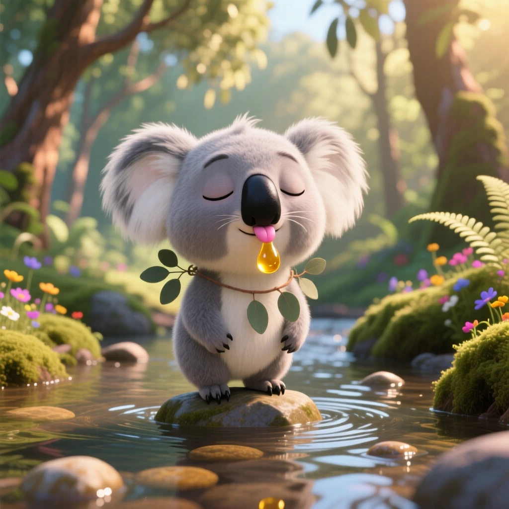 A sleepy koala joey is standing knee-deep in a shallow stream, licking a drop of honey off its nose. The mood is soft, tender, and endearing, with its whiskers twitching gently.