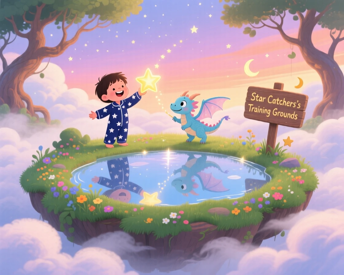 A star-catching child is training a baby dragon to fly in a floating island in the clouds, as reflections shimmer on the still water.