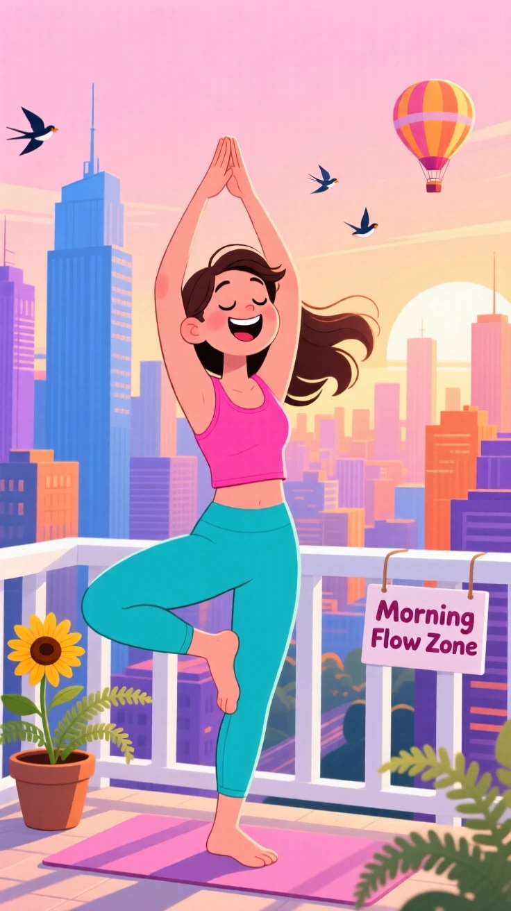 A person doing morning yoga on a balcony overlooking the city.