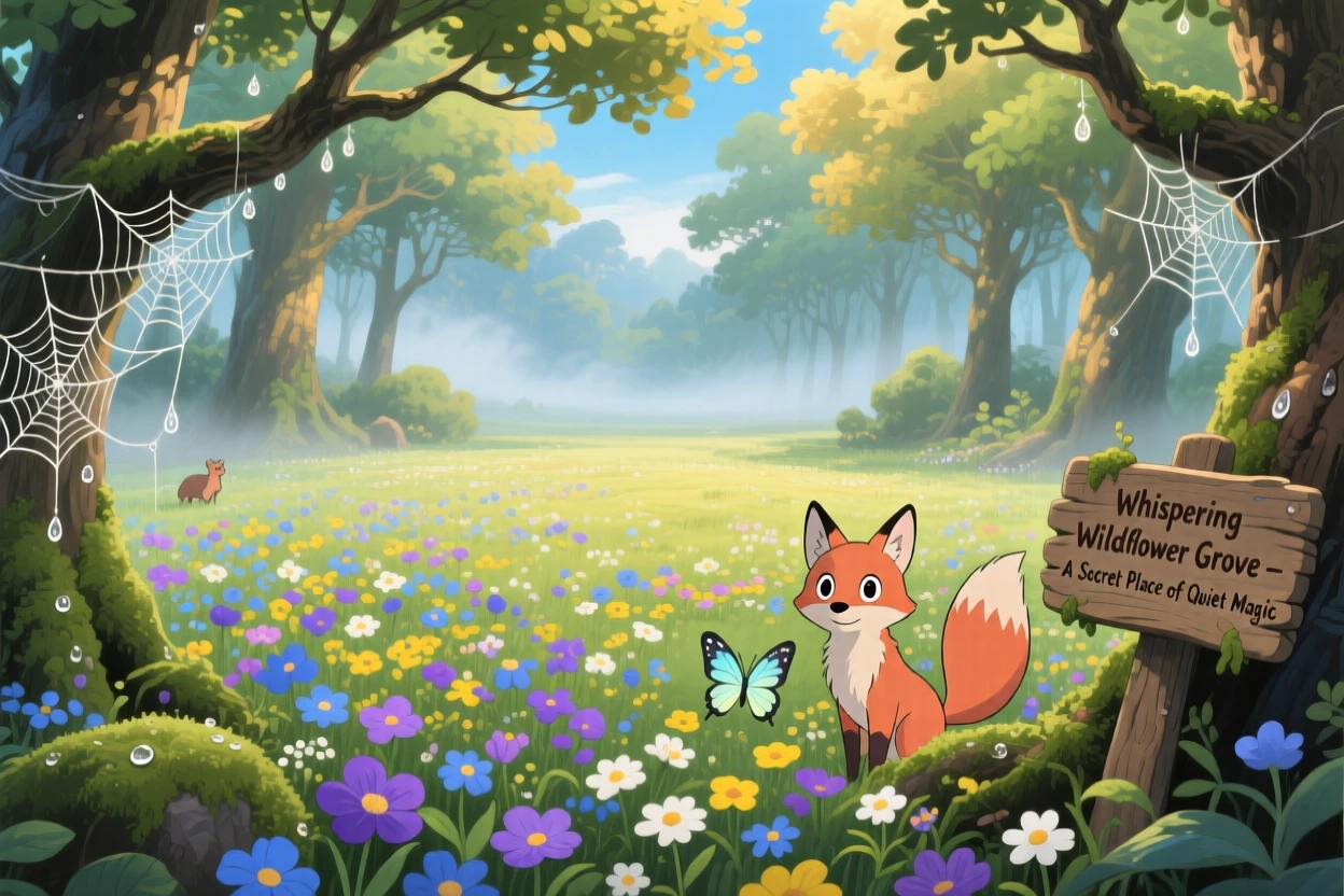 A secret clearing where wildflowers bloom in a perfect circle, dew clinging to spiderwebs strung between branches, creating a scene of quiet natural magic.