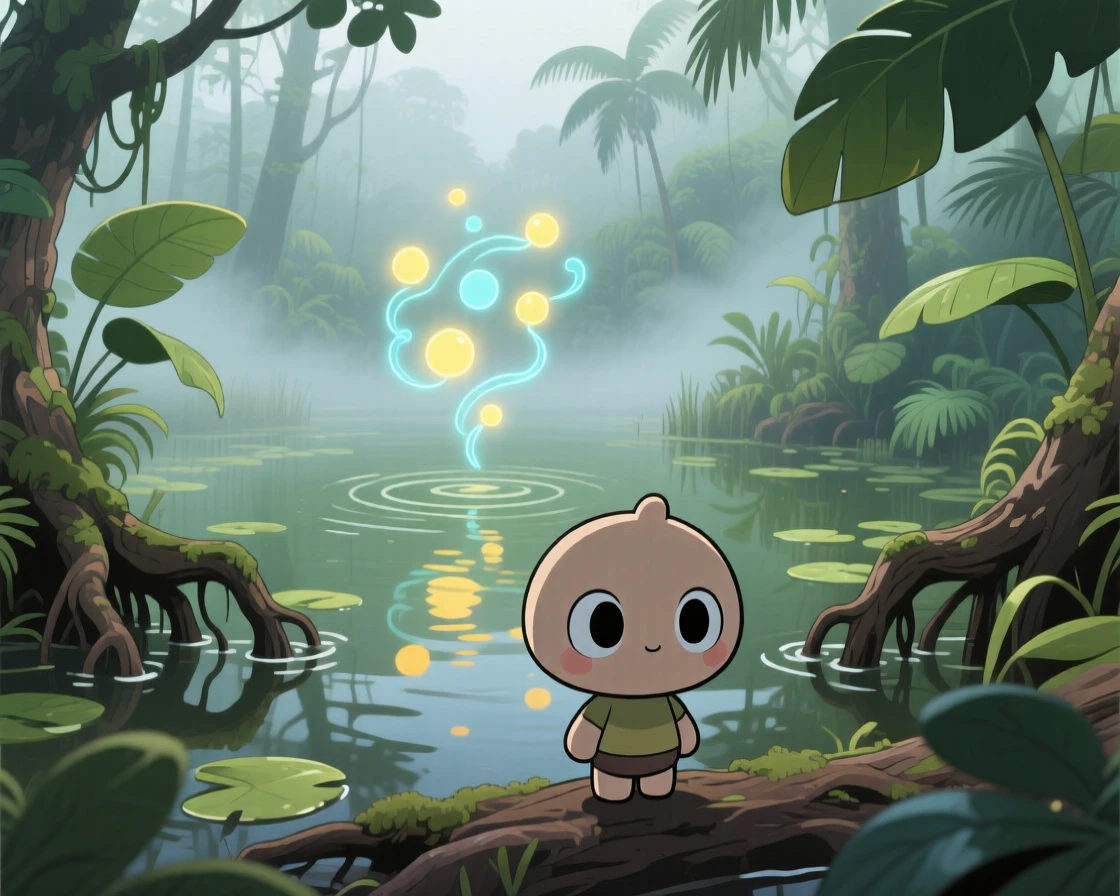 In a mist-covered enchanted swamp, a cluster of tiny glowing wisps is dancing above a still forest pond on a warm tropical afternoon, bathed in diffused overcast light, expression full of wide-eyed wonder. Shot as an over-the-shoulder view.