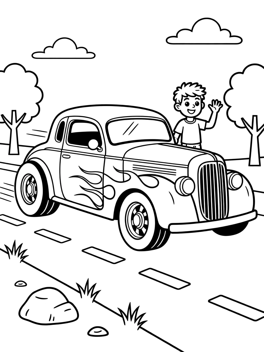 A hot rod car with flames painted on the side cruising down a road