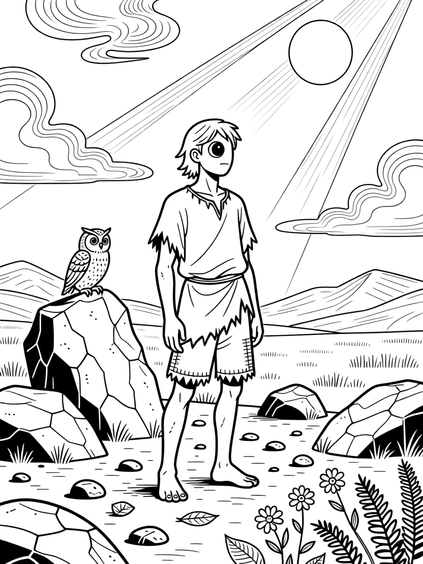 A cyclops standing among fallen boulders, with beams of moonlight cutting through the clouds.