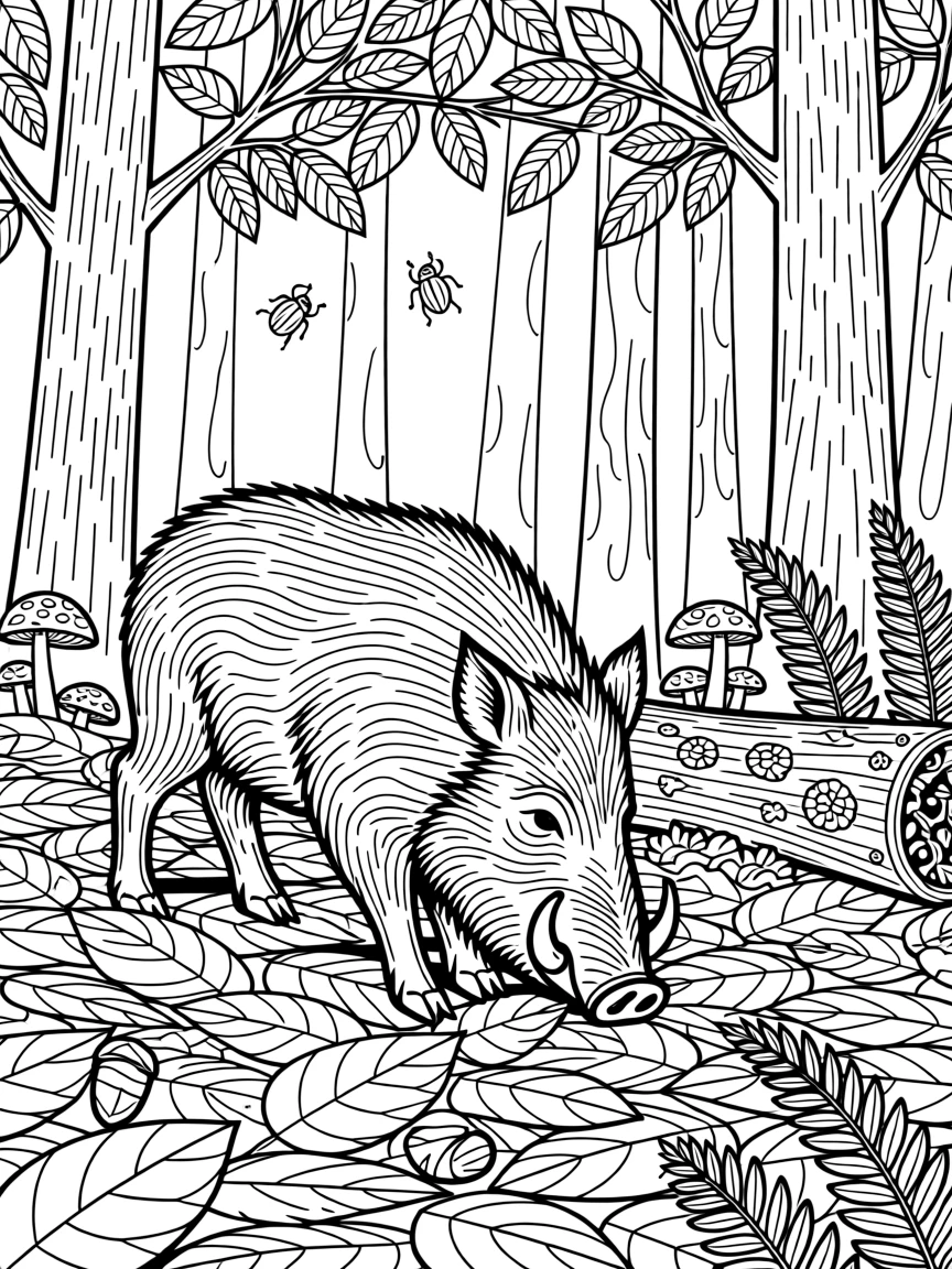 A wild boar rooting through fallen leaves in a forest.