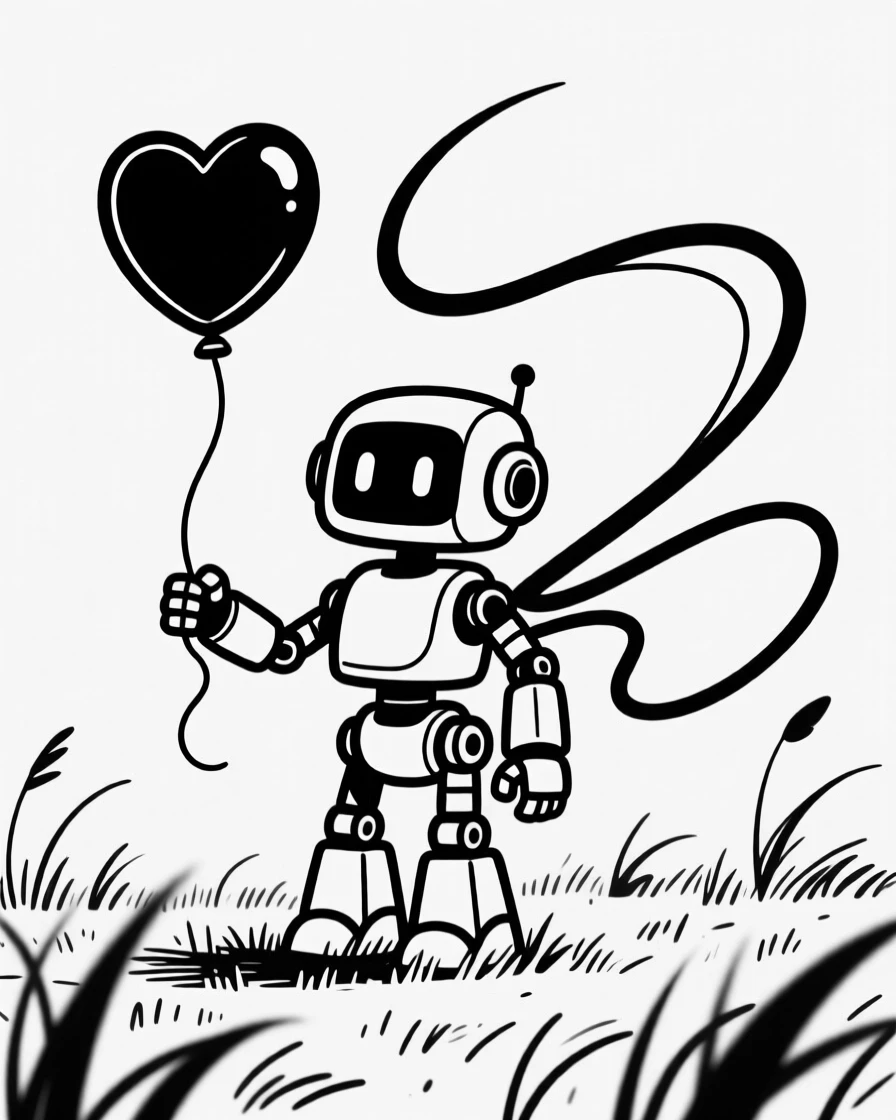A small robot character holding a heart-shaped balloon in a meadow.
