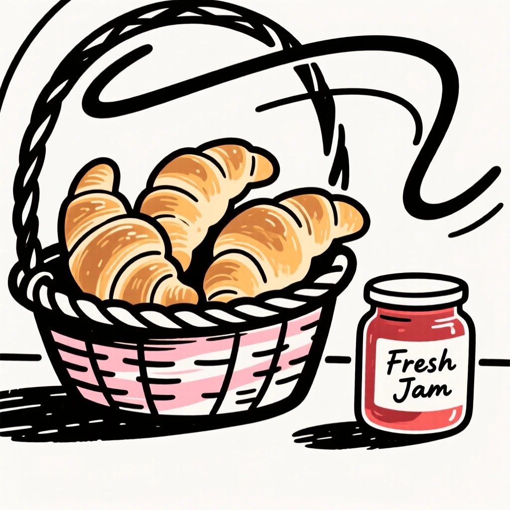 A basket of freshly baked croissants beside a jar of jam.