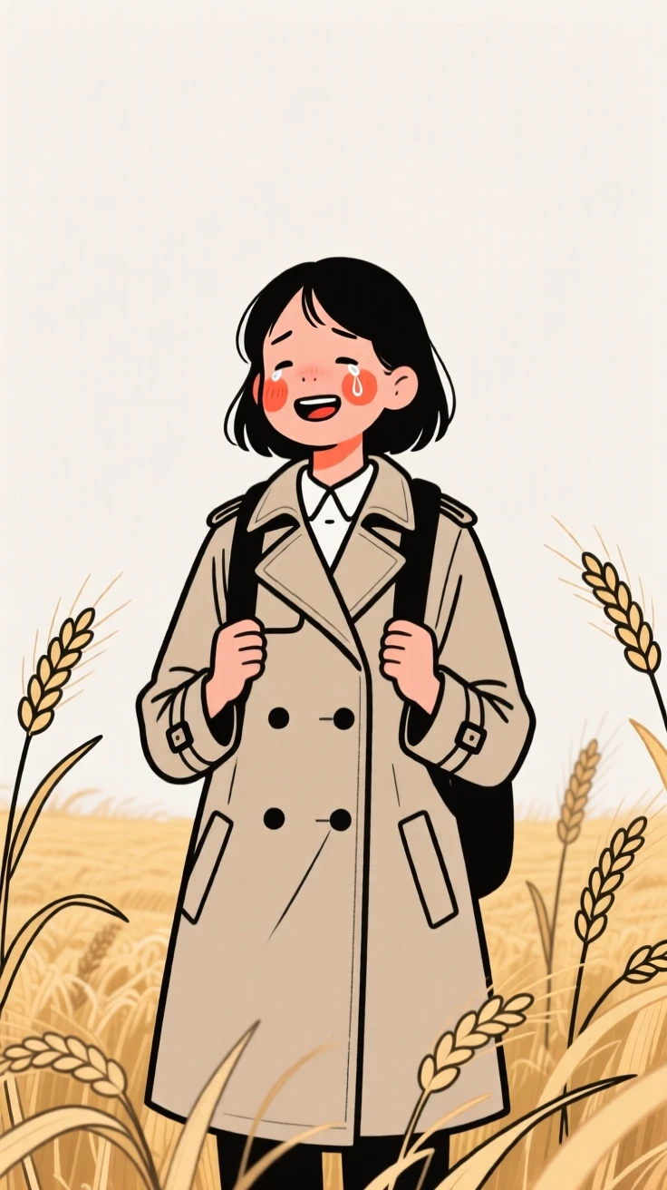 A college student of Mexican heritage in a vintage-inspired trench coat, holding back happy tears, in a wheat field at harvest.