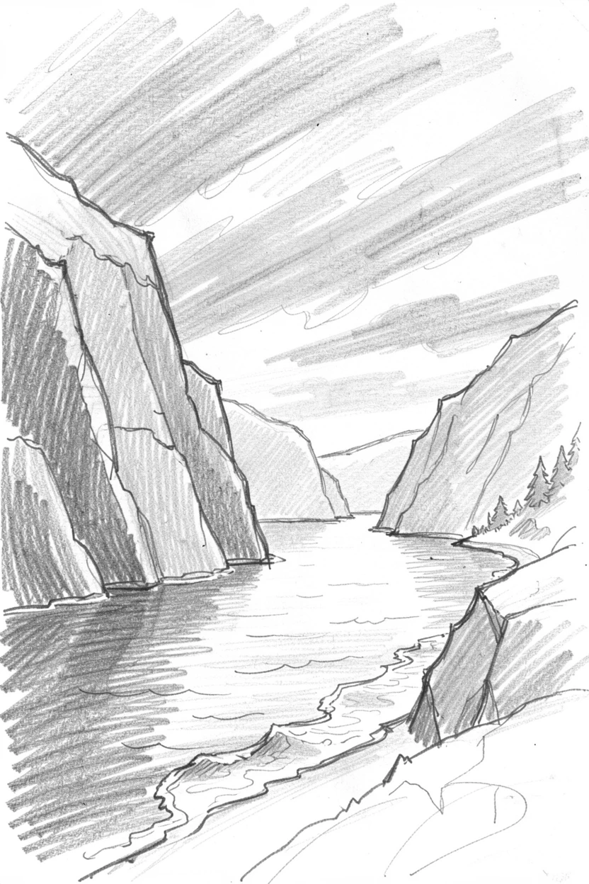 Sweeping landscape of a fjord surrounded by steep cliffs under a dramatic sky streaked with color, with gentle waves lapping at the shore.
