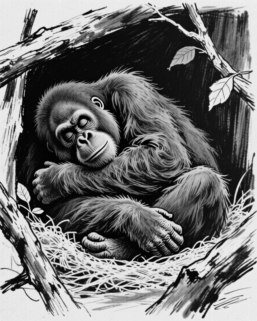 An orangutan curled up asleep in a cozy den.