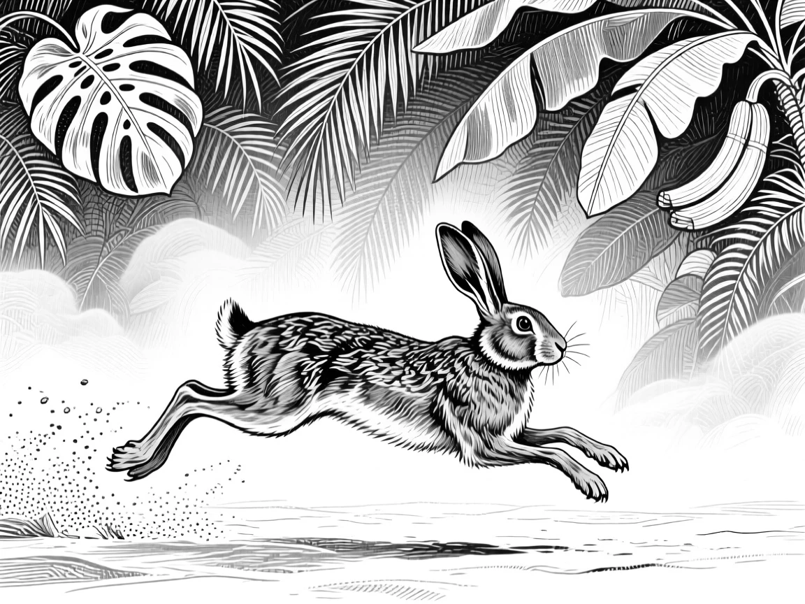 A hare frozen mid-leap beneath a canopy of tropical leaves, against a backdrop of drifting mist, capturing a tender and protective moment in nature with a strong, centered focal point.