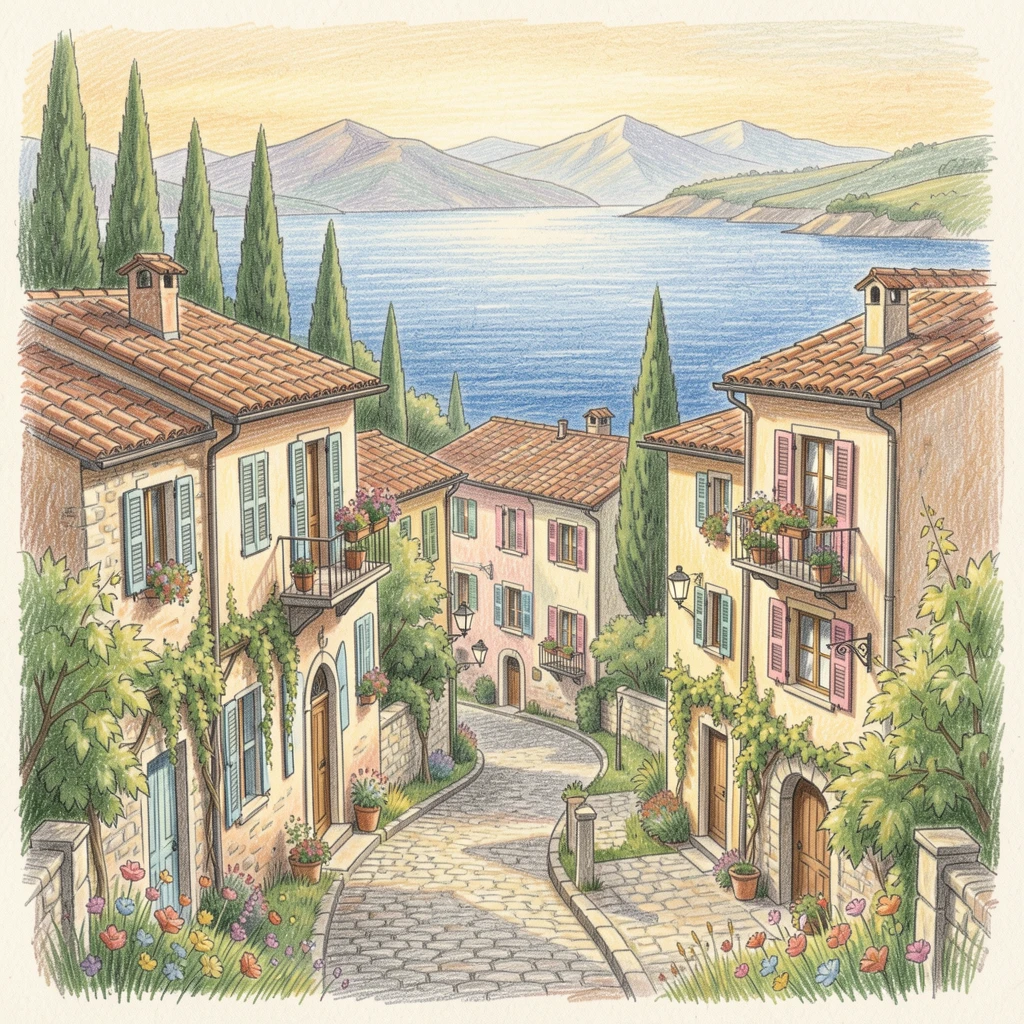 The winding streets of a hillside Italian village overlooking the sea, framed by lush greenery and distant mountains, celebrating the beauty of world culture and architecture.