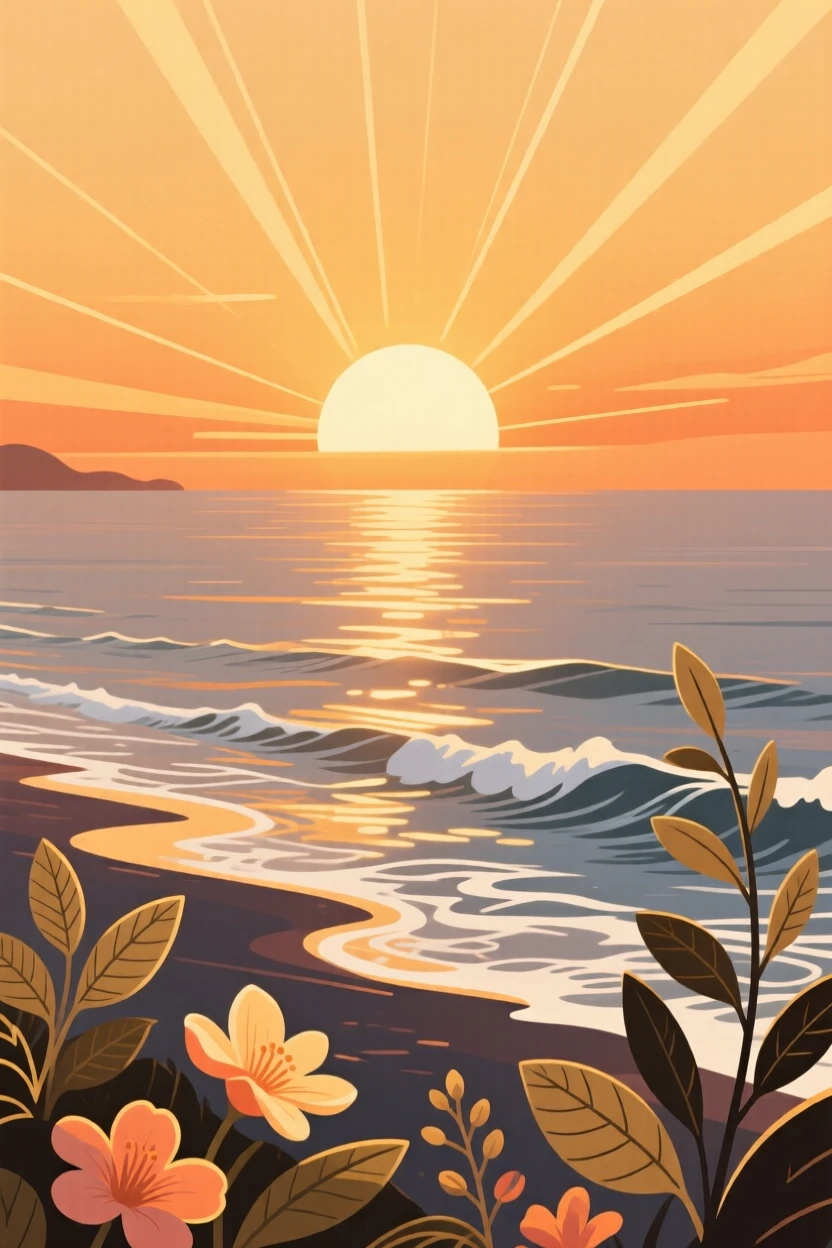 A glowing sunset over calm ocean waters, under warm golden hour lighting, composed with strong leading lines drawing the eye inward, with delicate textures visible in every leaf and petal.