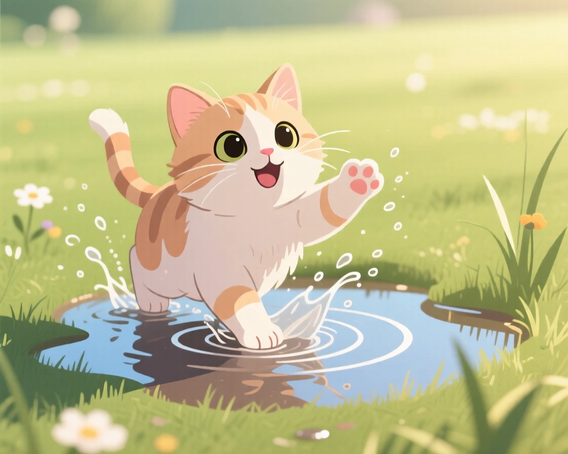 A playful kitten splashing in a puddle in a sunny meadow.