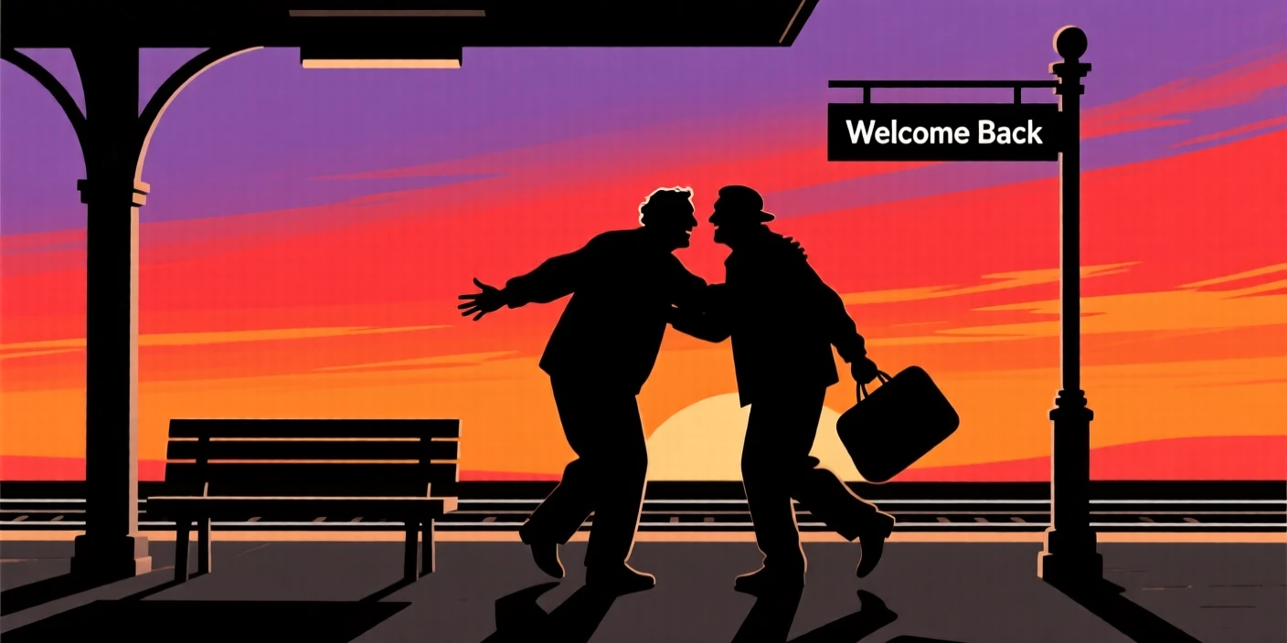 Two old friends reunited at a train station, dropping their bags to embrace.