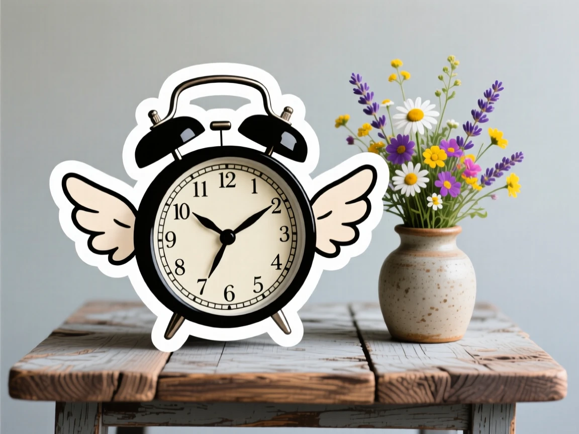 A comforting alarm clock with tiny wings, arranged beside a small vase of wildflowers, on a rustic farmhouse table.