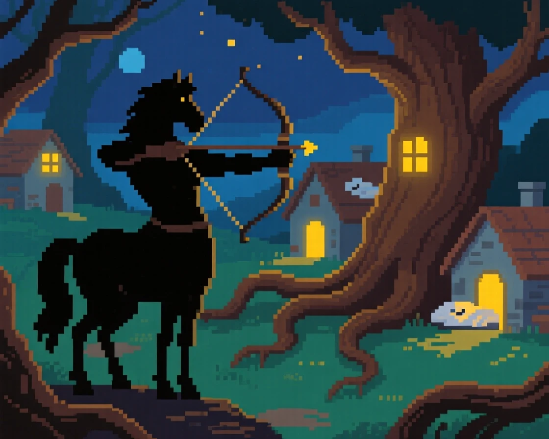 A centaur archer watching over a sleeping village at night, in a village built into giant tree roots.