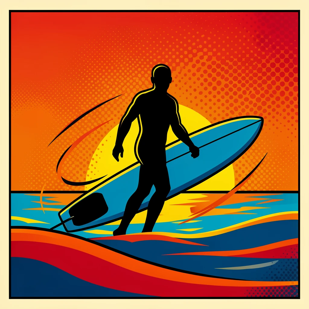 A surfer's silhouette walking toward the ocean at sunset