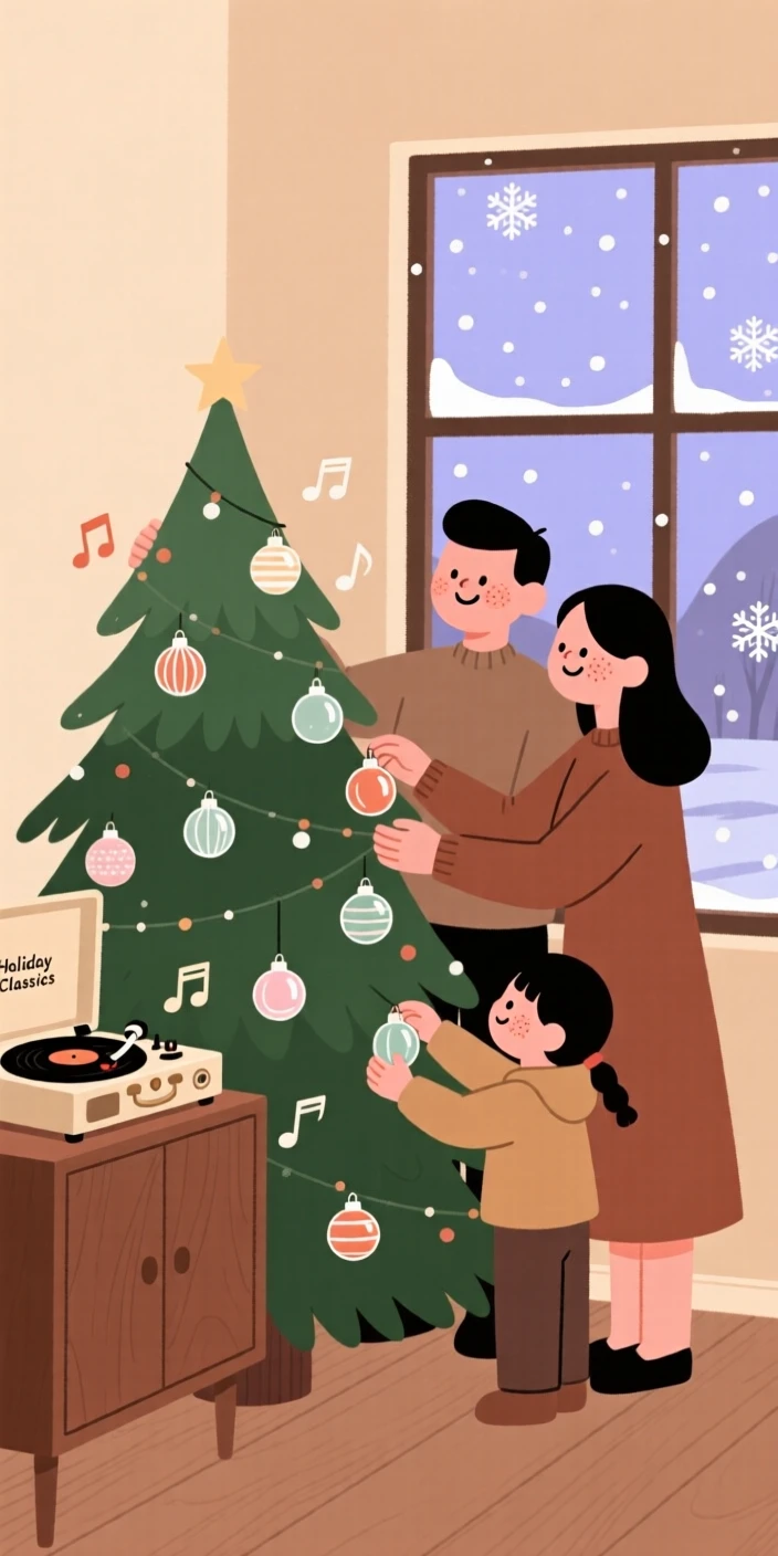 A family decorates a evergreen in the corner with antique glass baubles while an old holiday record plays softly and the first snow of winter falls outside the window.