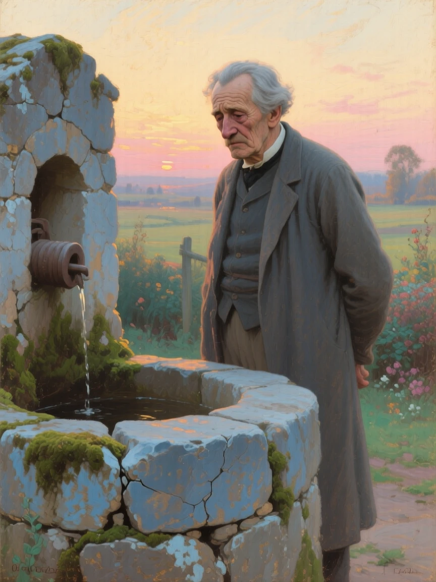 A close-up portrait of an elderly gentleman beside an old stone well, touched with quiet melancholy, just after sunrise.