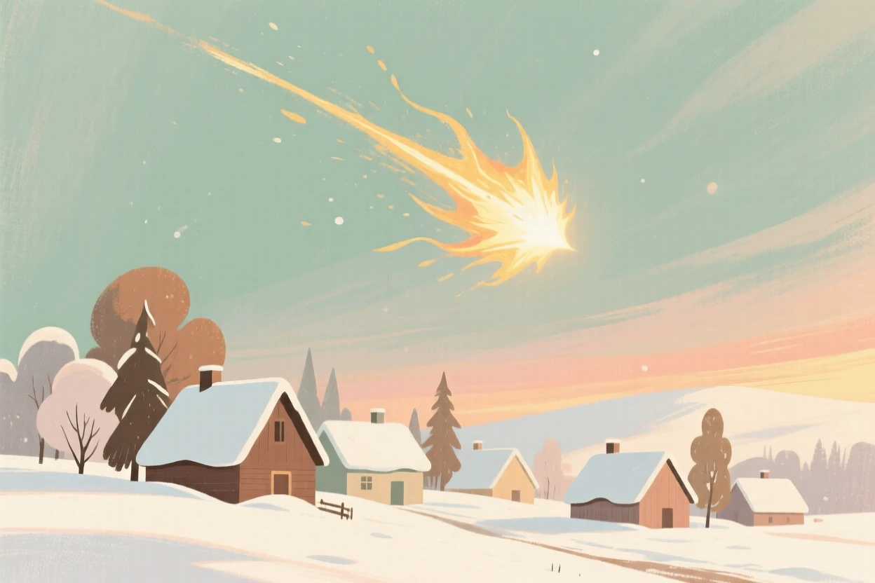 A comet blazing across the sky above a snow-covered village