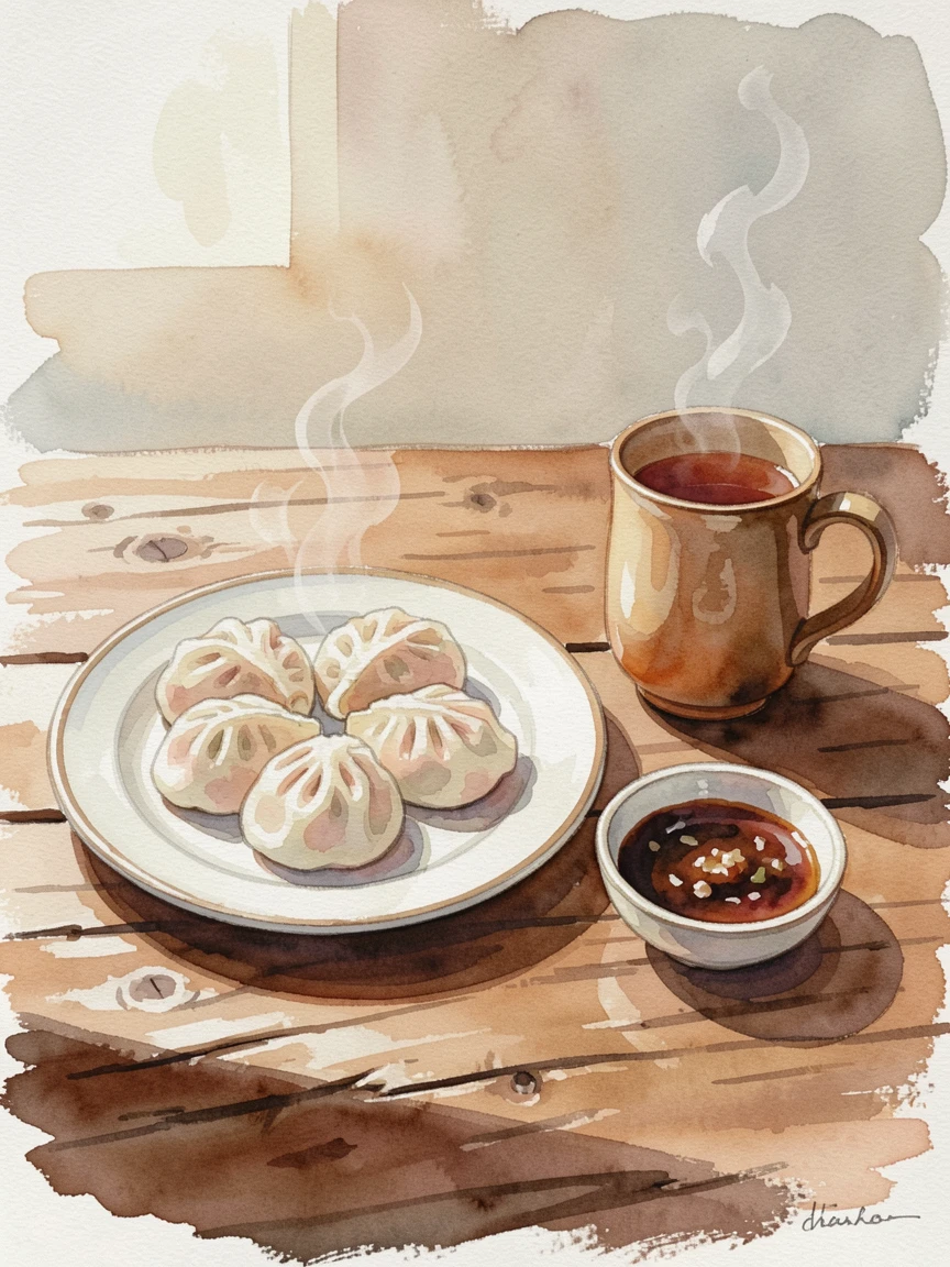 A plate of dumplings with dipping sauce on a rustic wooden table with a warm mug of tea alongside.