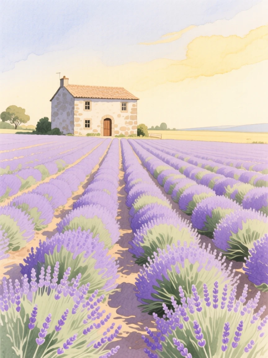 A field of lavender rows stretches toward a distant stone farmhouse under a warm golden afternoon light