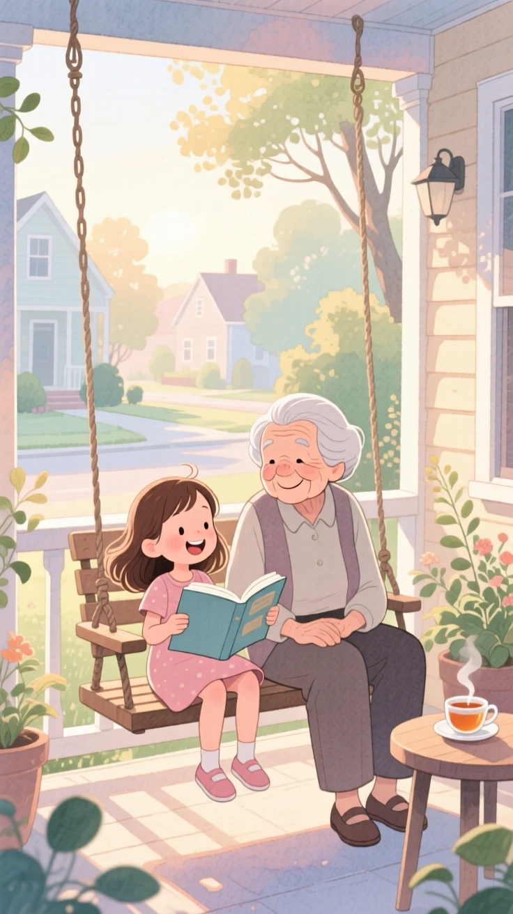 A little girl reading to her elderly neighbor on a porch swing, amid the quiet hush of an early morning, radiating kindness, hope, and heartfelt emotion.