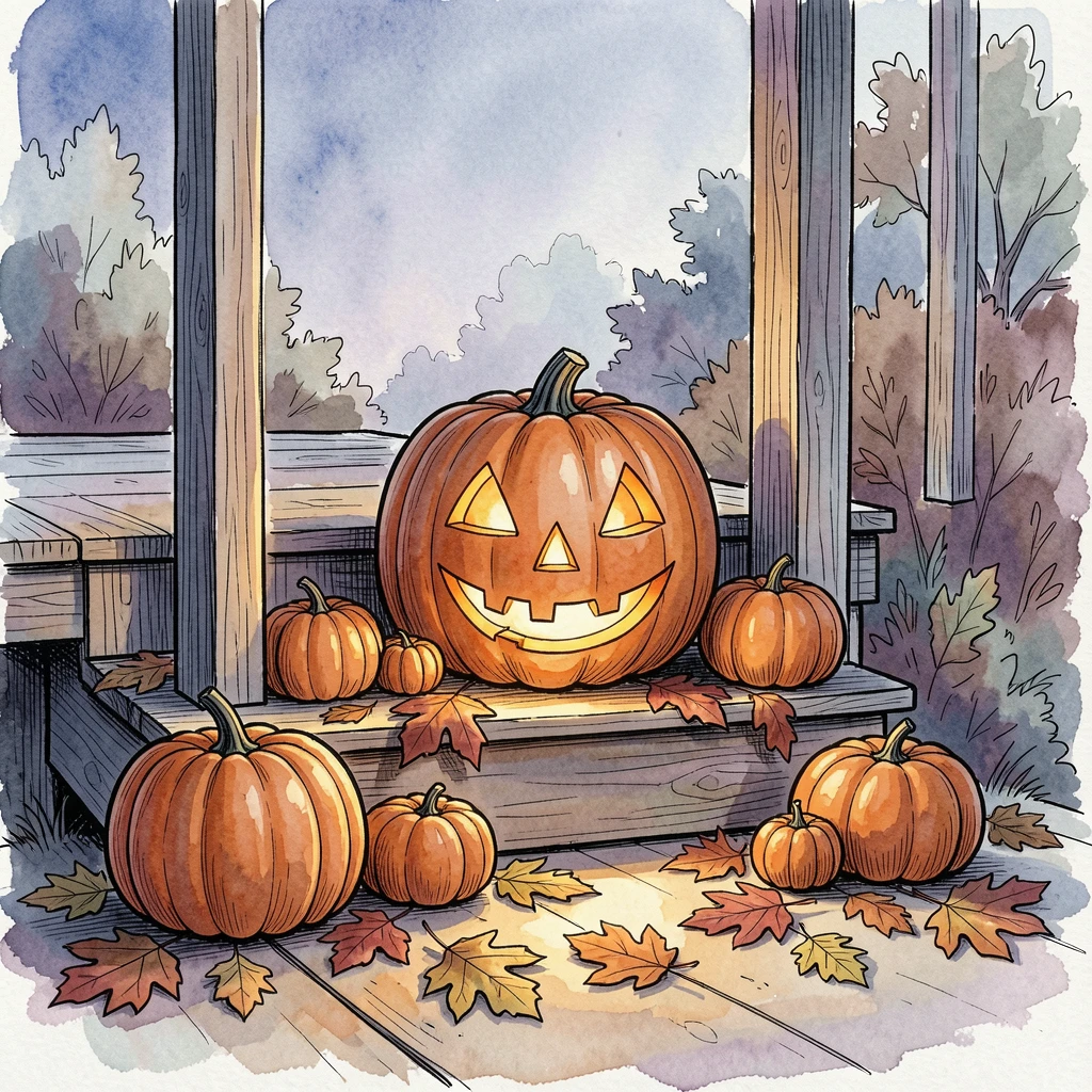 A jack-o-lantern glowing on a porch step surrounded by pumpkins and autumn leaves at dusk