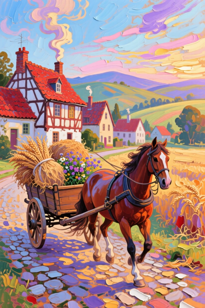 a horse-drawn cart approaching a village, on a gentle summer evening, with a clear foreground, subject, and distant setting.