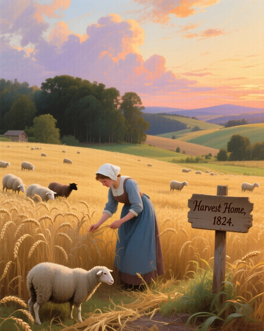 A farmer's wife tends her flock across a golden wheat field at harvest time beneath the golden light of late afternoon.