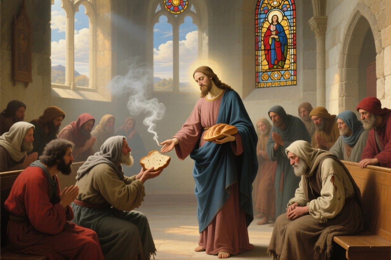 A saint offering bread to a gathering of the poor and hungry in an instant of grace touching the ordinary world, set within a sunlit chapel filled with drifting incense smoke, with soft, radiant light breaking gently through clouds or stained glass; converging figures form a reverent circle around the central moment, suggesting the enduring comfort of belief and community.