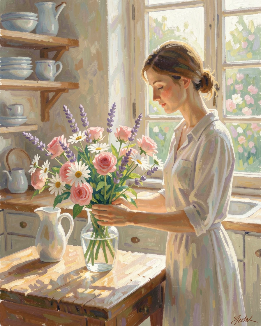 A woman arranging a bouquet of freshly cut flowers on a sunlit kitchen table.