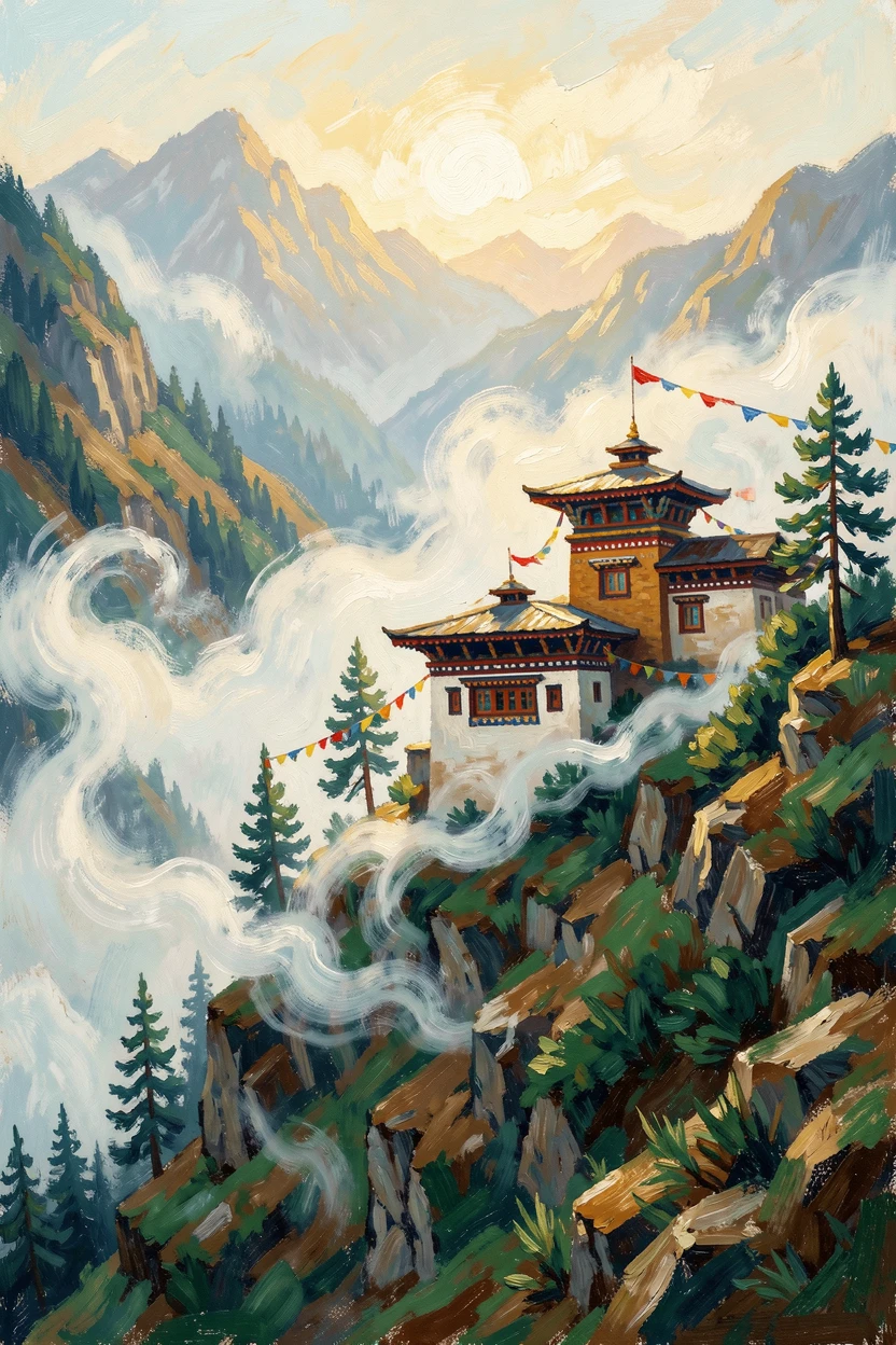 A hillside monastery in the mountains of Bhutan wrapped in morning mist.