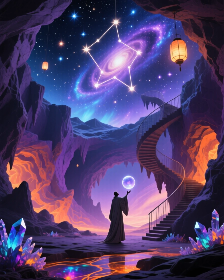 A cave that opens into a sky full of stars instead of stone glows softly from within as night settles over it, as soft light pools in every hollow and crevice.