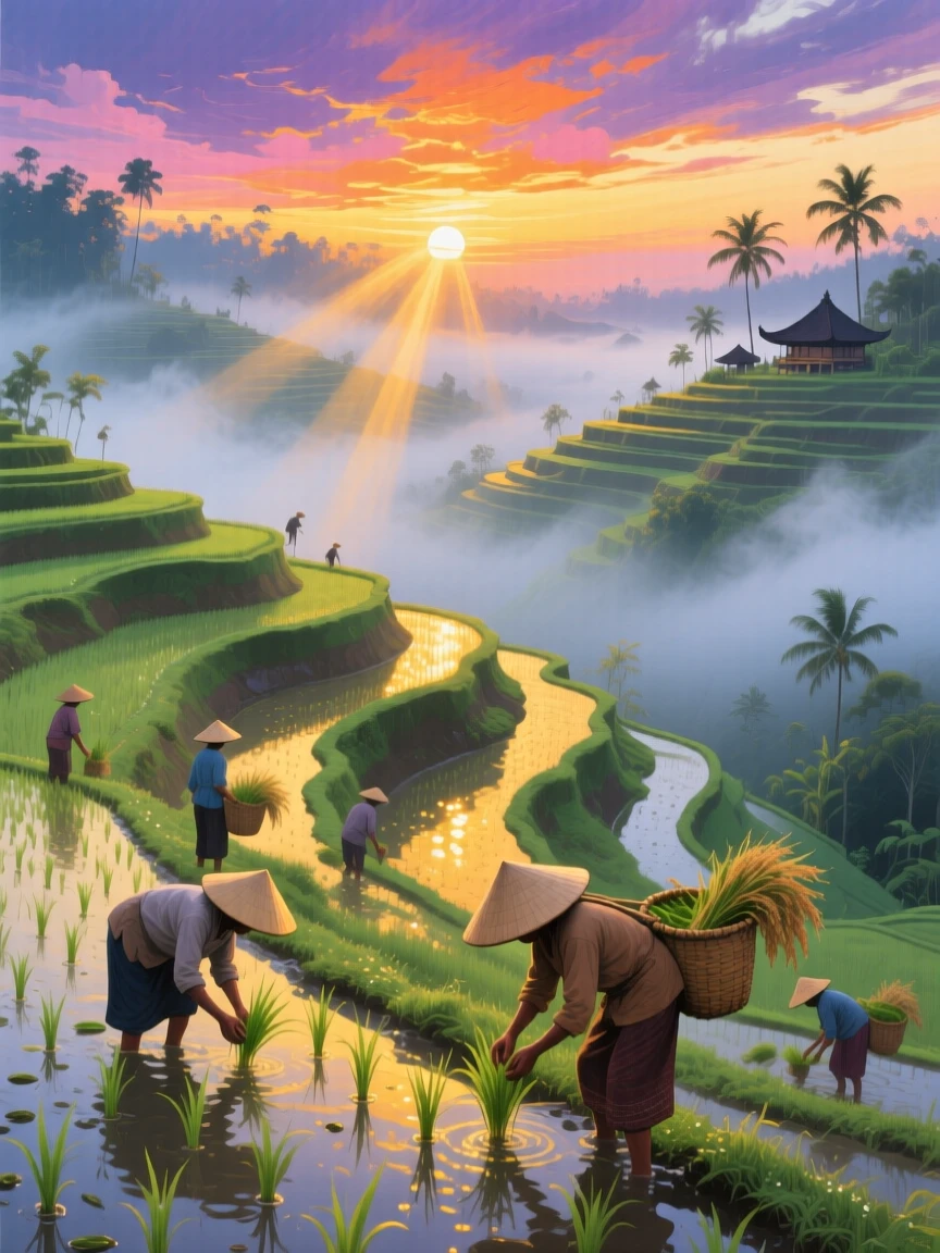 A vivid sunrise breaks through fog over the rice terraces of Bali, golden light illuminating the mist as farmers begin their morning work, the changing light gradually shifting the mood of the landscape from moment to moment.