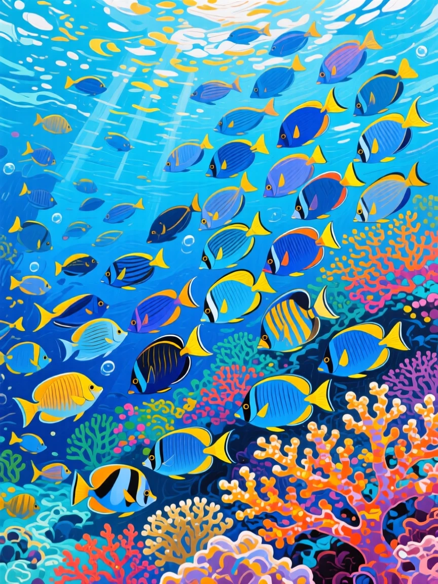 A vibrant coral reef teeming with schools of tropical fish in electric blues and yellows