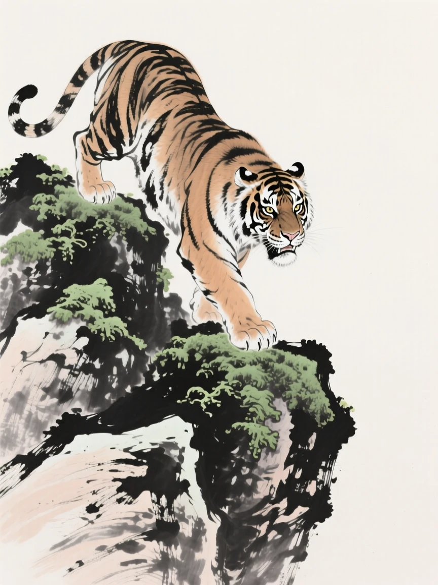 A tiger climbs over moss-covered rocks on a steep slope, with its muscles tensed and eyes fixed ahead.