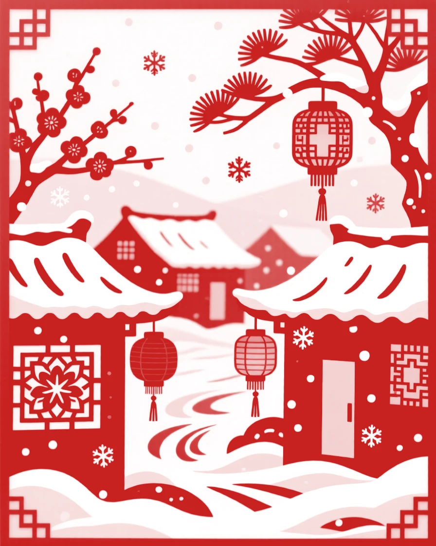 A winter village blanketed in fresh snow, red lanterns glowing warmly against the white rooftops