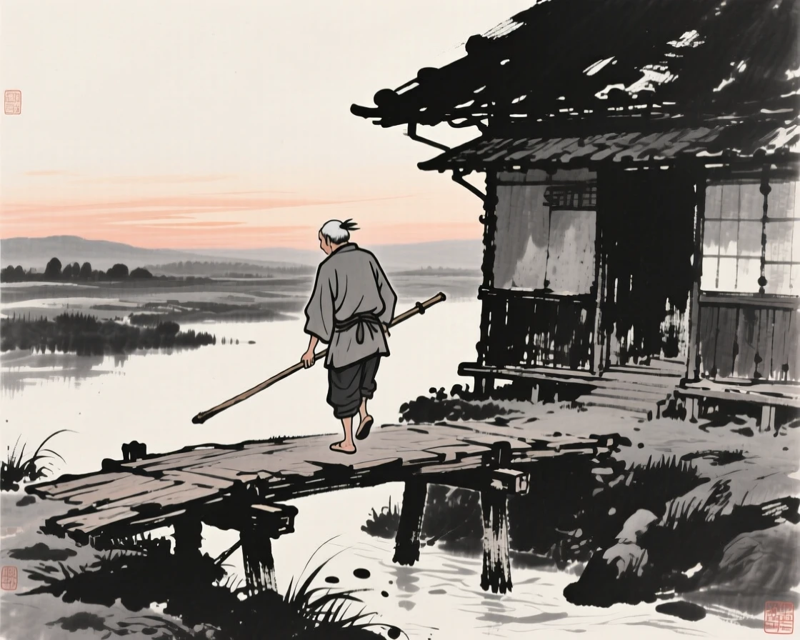 A woodcutter crossing an old wooden bridge at dusk beneath the eaves of an old farmhouse, seen from behind, gazing out toward the horizon, conveying quiet devotion and simple contentment.