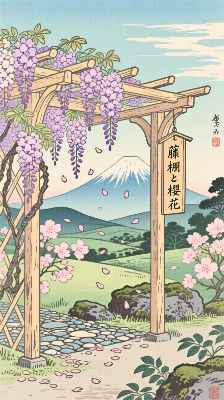 A wisteria-covered garden trellis, dotted with drifting cherry blossom petals.