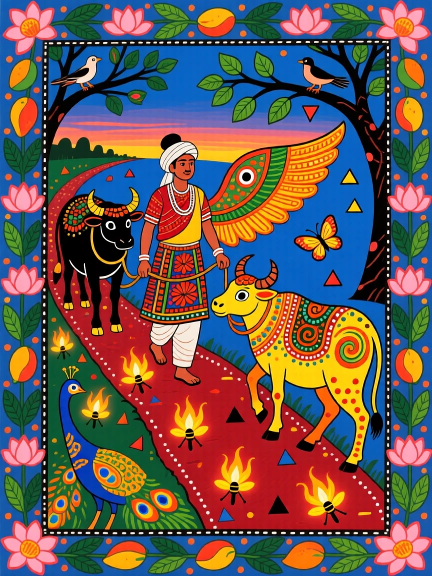 A farmer leading his cattle home along a path lined with fireflies.