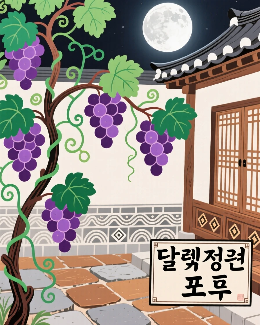 Grapes ripening on a garden vine in a moonlit courtyard.